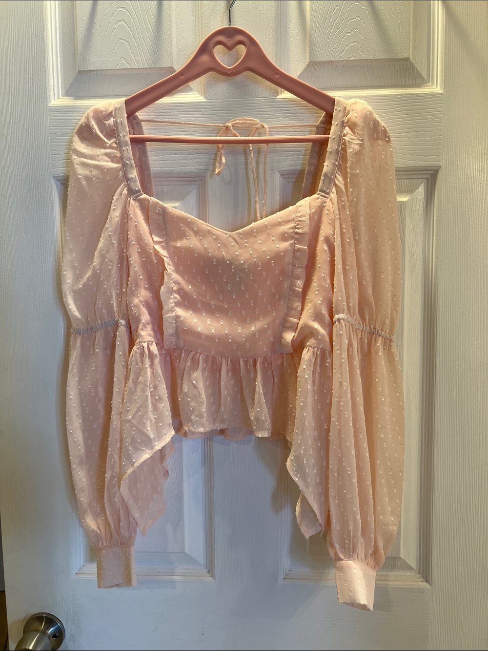 Women's Peach Swiss Dot Peplum Blouse - Romantic Puff Sleeve Top